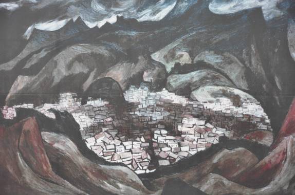 Um dos muitos quadros retratando Quito, de Guayasamin, na Capilla del Hombre, em Quito, no Equador